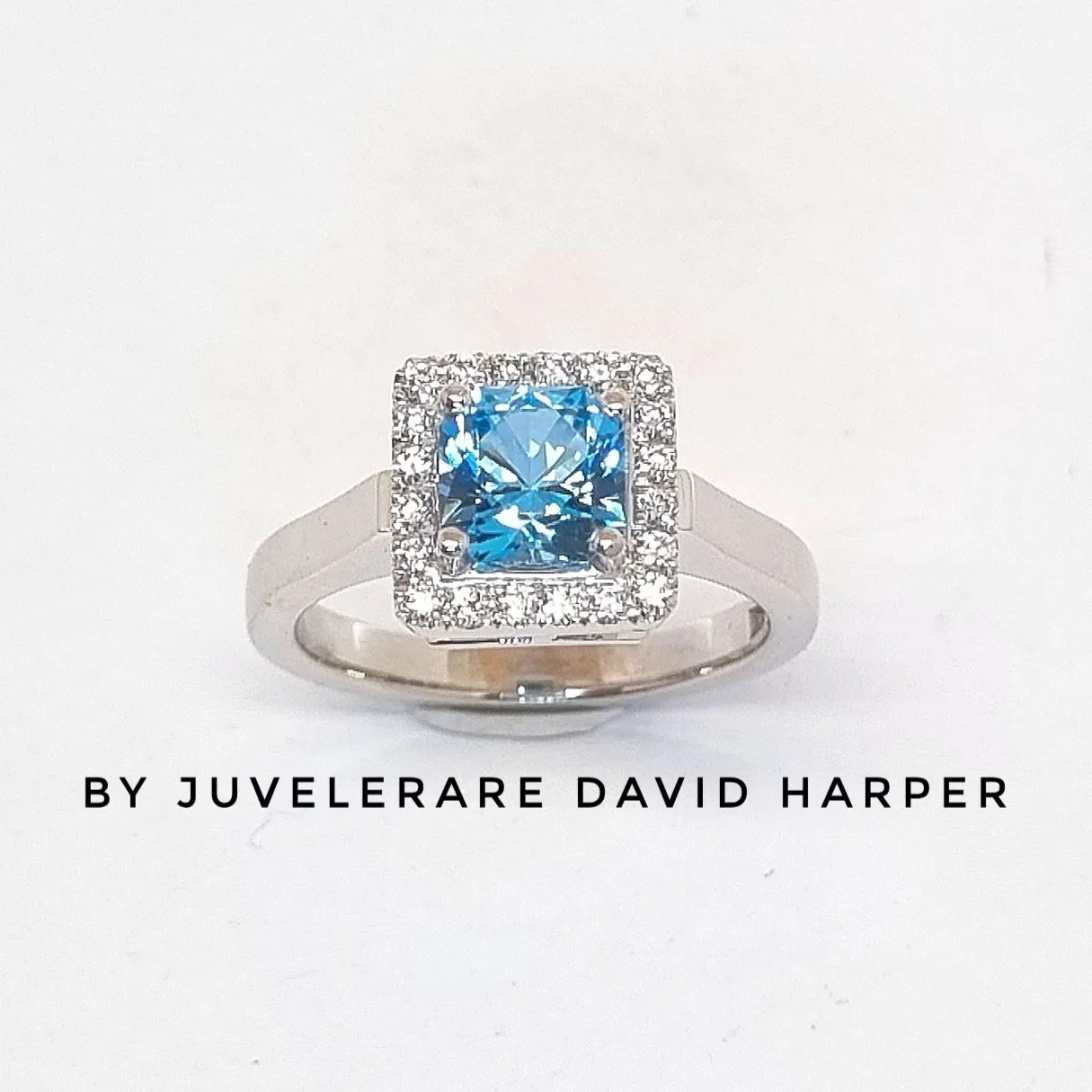 Blue Topaz and diamond haloring by Juvelerare David Harper Stockholm. 