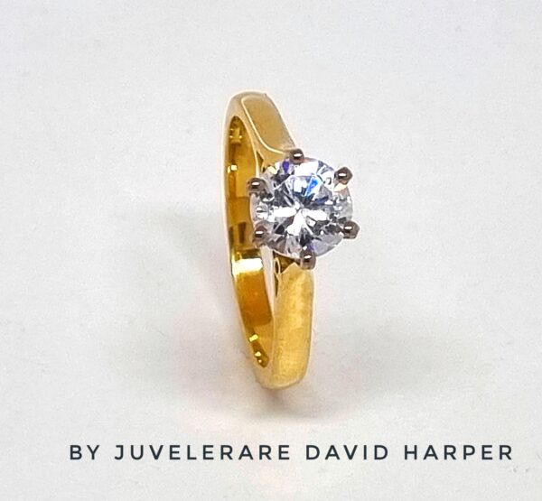 Burlington single stone ring with a classic 6 claw setting in white, yellow or rose gold with a tiffany shank. Burlington is a wedding ring friendly ring. A diamond certificate is always included. Hand made by Juvelerare David Harper Stockholm.